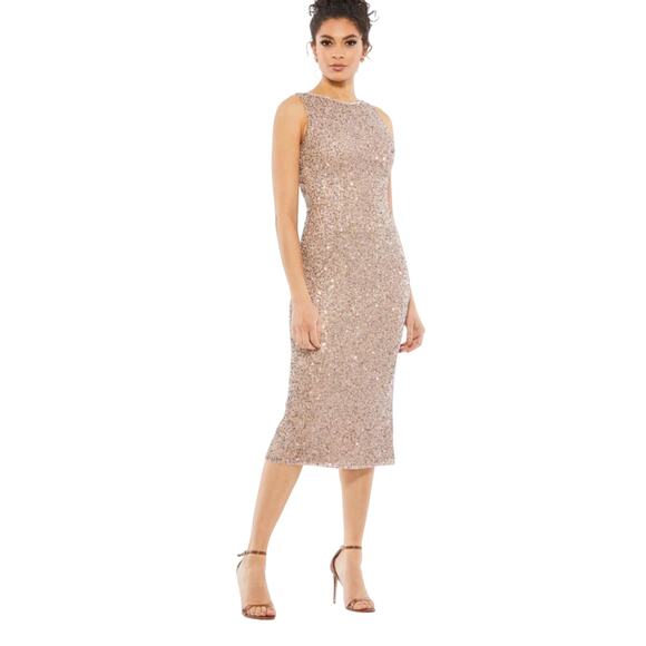 Mac Duggal Rose Gold Fully Sequined Sheath Cocktail Dress, Size 14, NWT - Picture 5 of 13